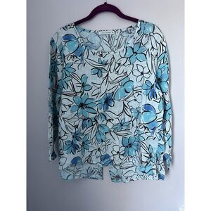 Cut Loose Women's Hi-low Blue Floral Print Top 3/4 Sleeve Crew Neck Size M